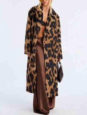 Women's double-breasted midi-length coat with a bright animalistic print imitati